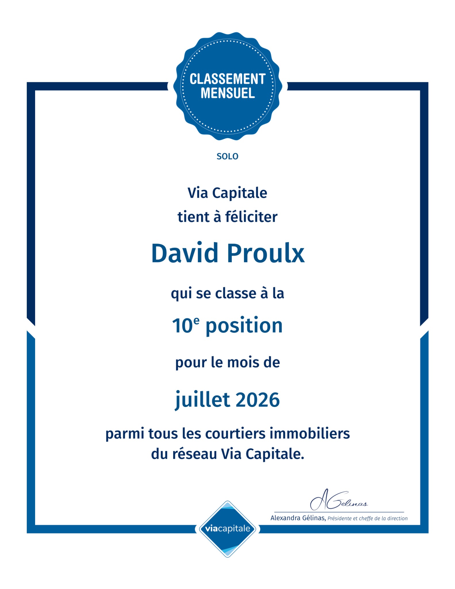 Certificat Via Capitale — David Proulx, dixième position solo en juillet 2026