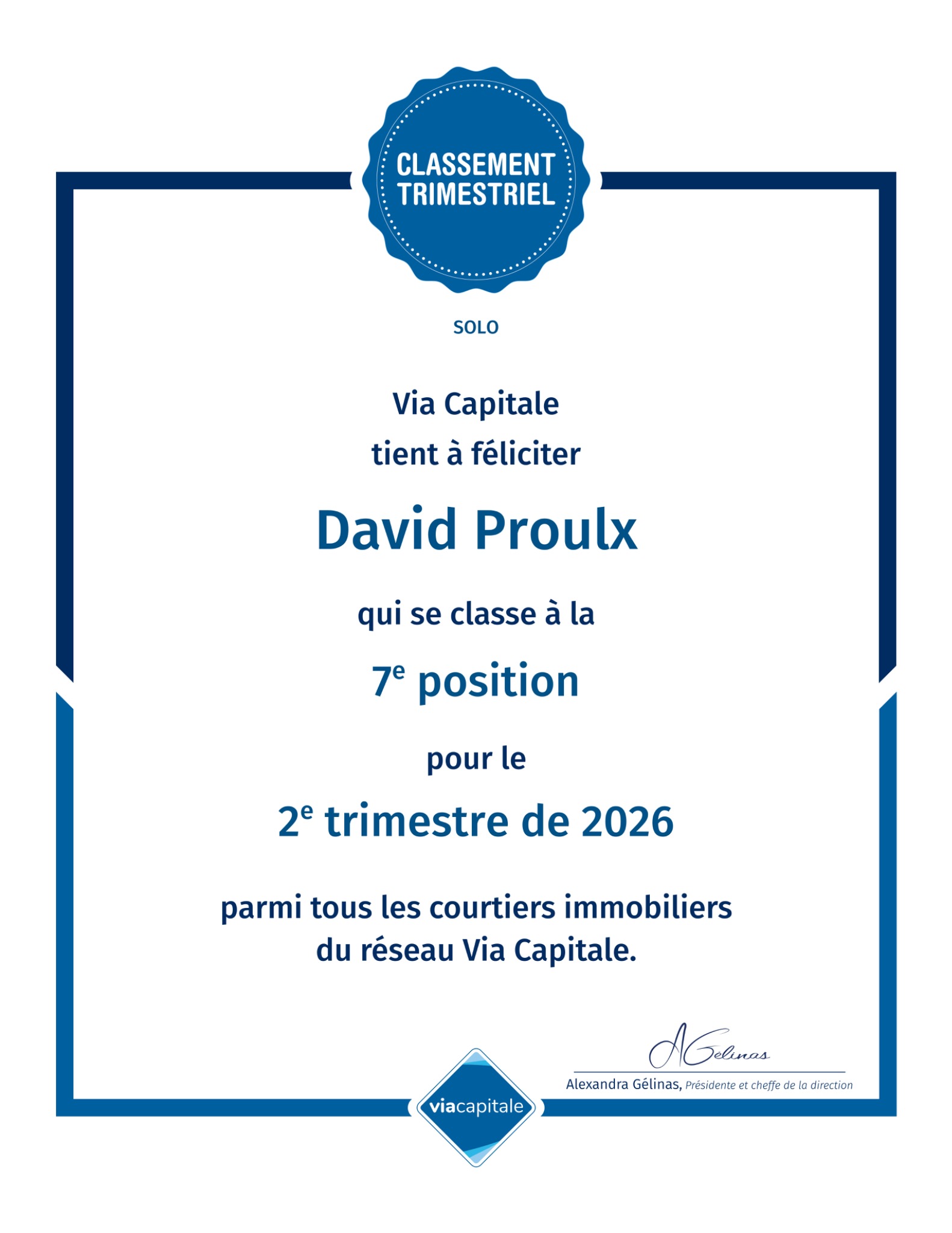 Certificat Via Capitale — David Proulx, septième position solo au deuxième trimestre de 2026